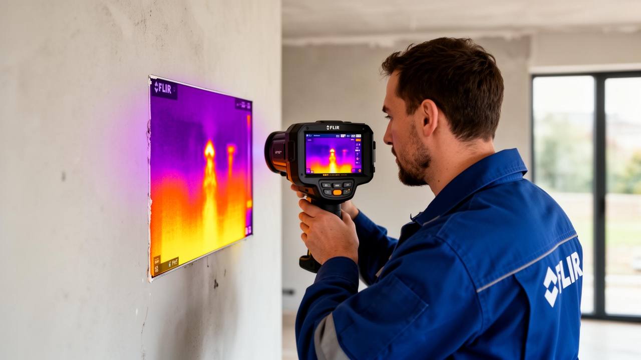 Technicien utilisant une caméra thermique FLIR pour détecter une fuite d'eau dans un mur