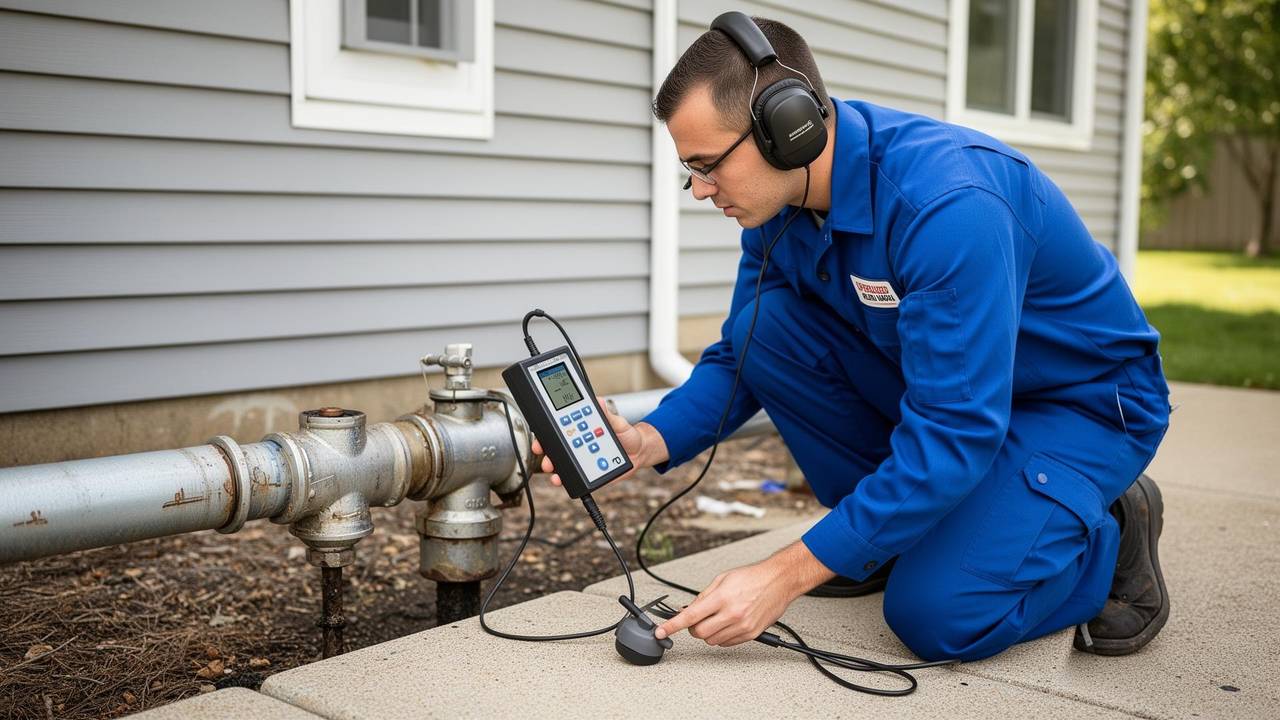Technicien utilisant un appareil d'écoute électro-acoustique pour détecter une fuite sur canalisation