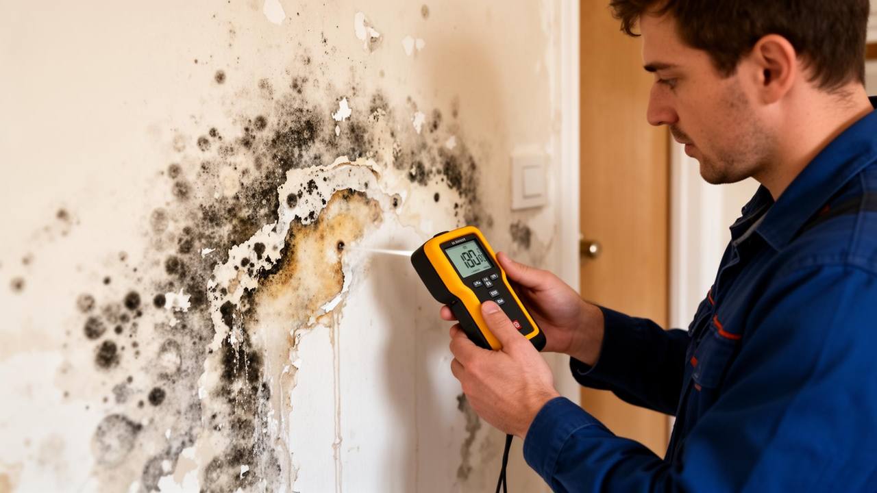 Technicien analysant un mur présentant des moisissures avec un hygromètre