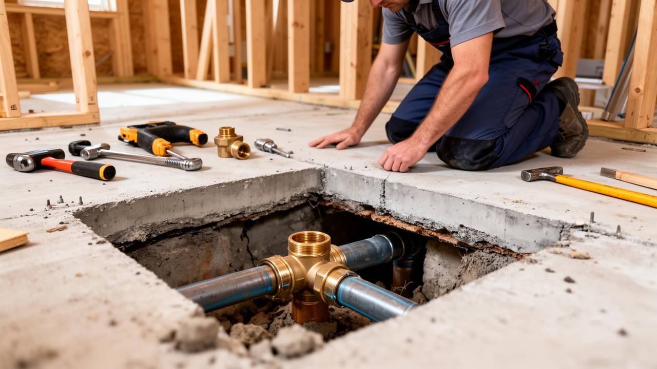 Technicien intervenant sur une canalisation visible dans une ouverture ciblée dans une dalle béton