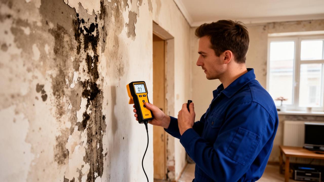 Technicien analysant un mur humide avec un appareil de mesure