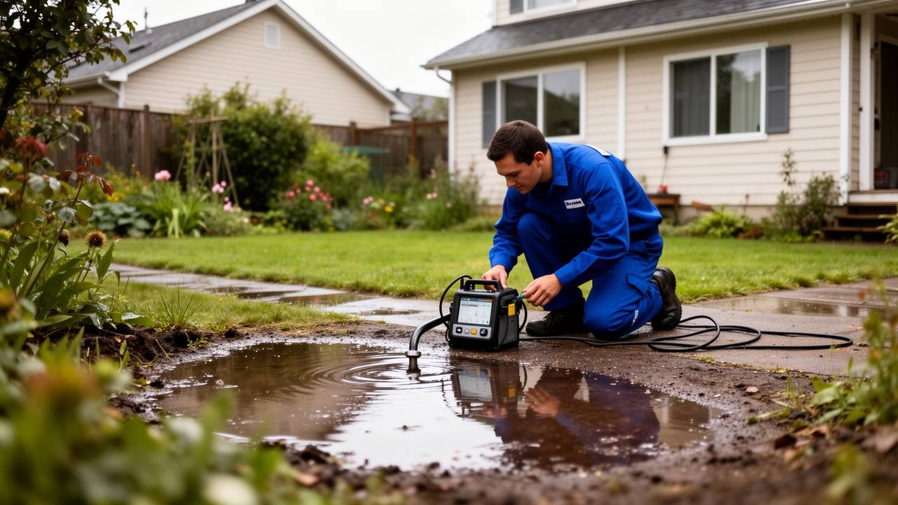 Technicien inspectant une zone de sol humide dans un jardin avec un appareil de détection