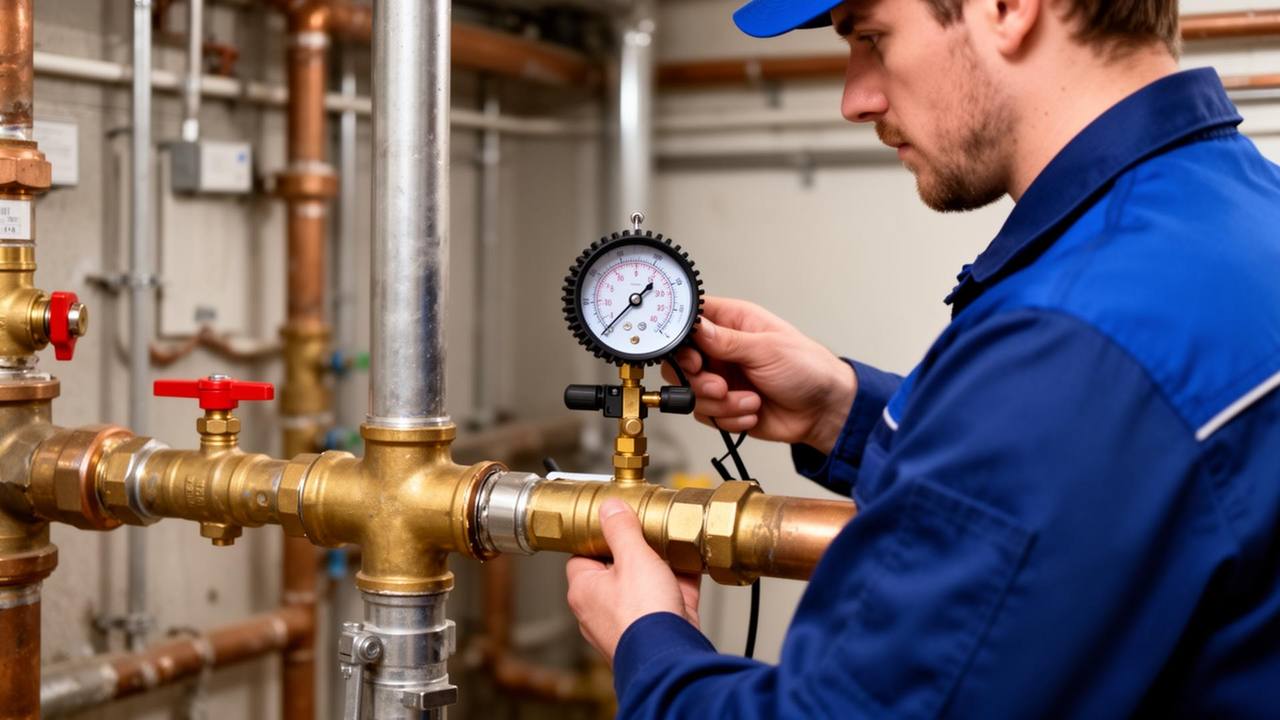 Technicien réalisant un test de pression sur une canalisation avec manomètre professionnel